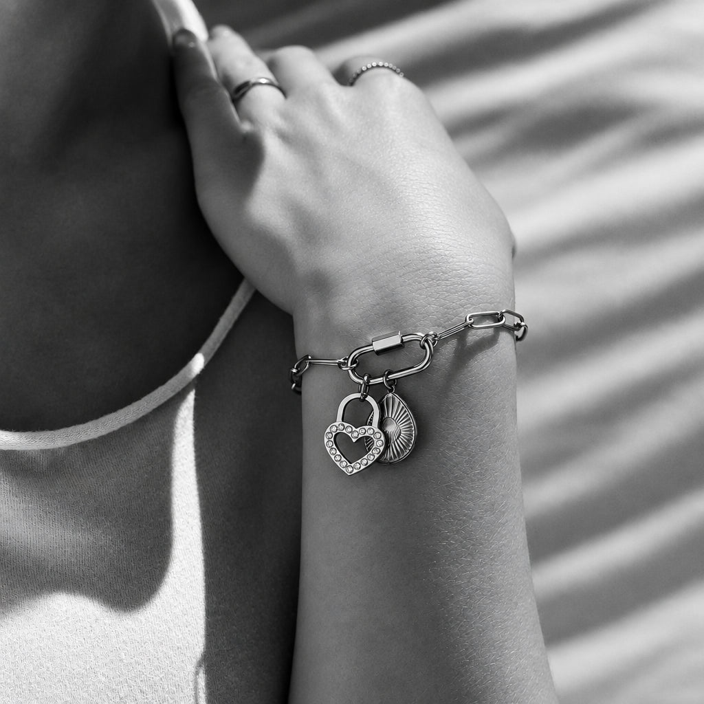 ORRÉ Paperclip Carabiner Bracelet in gold — styled jewelry photograph
