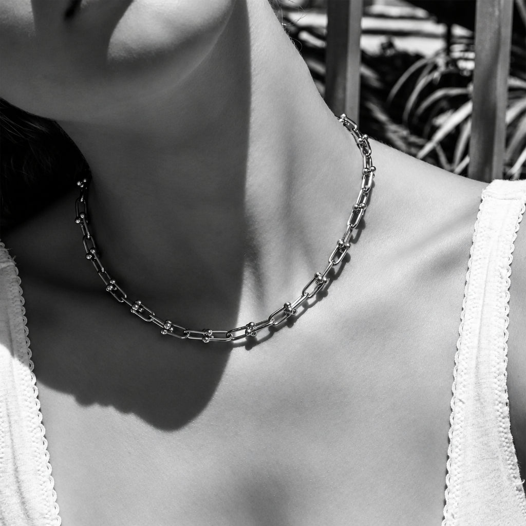 ORRÉ Hardware Chain Necklace in silver — styled jewelry photograph