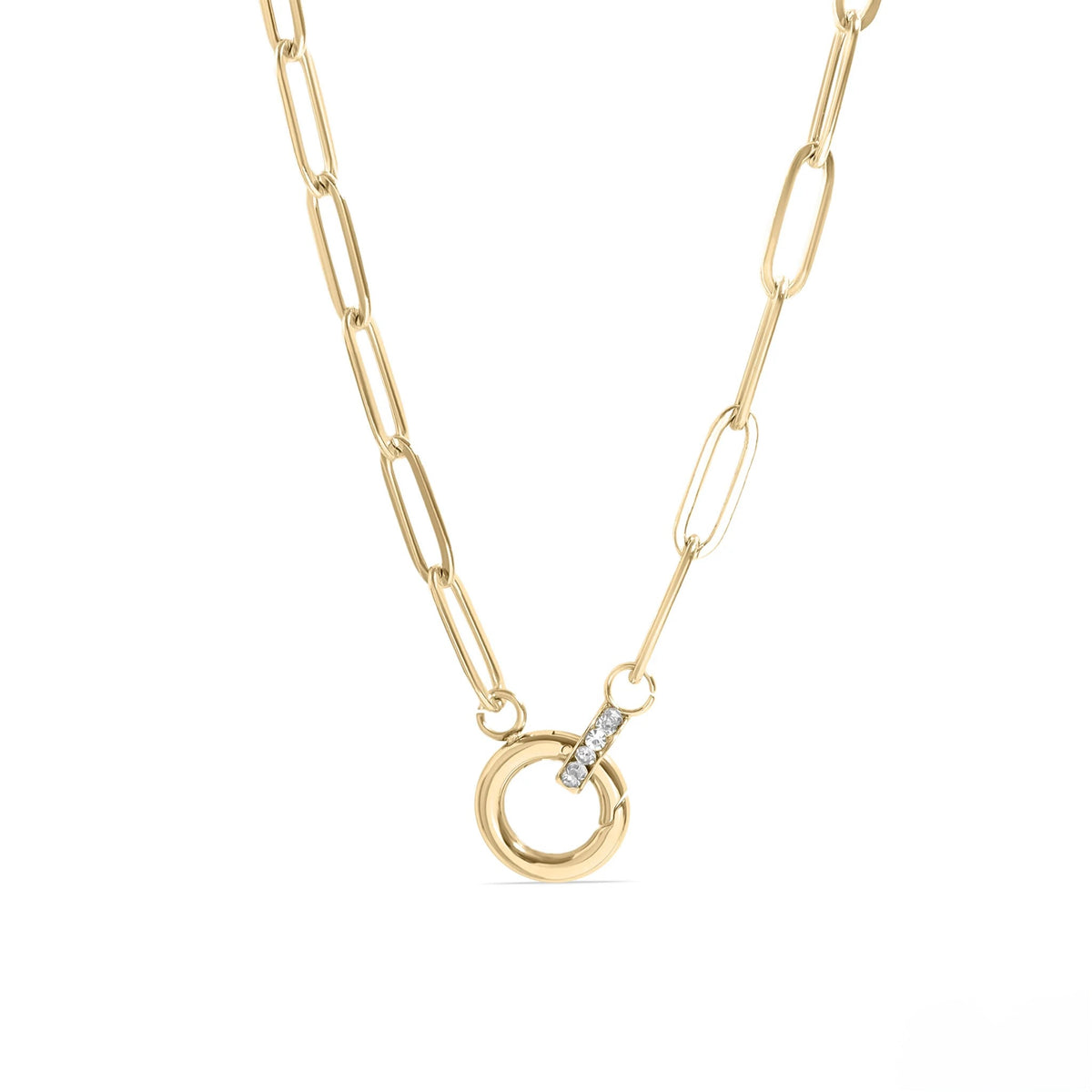 ORRÉ Crystal Paperclip Charmkeeper Necklace in gold with crystal-accented round charm holder