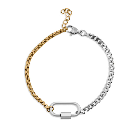 ORRÉ mixed metal carabiner bracelet with gold and silver chain sections