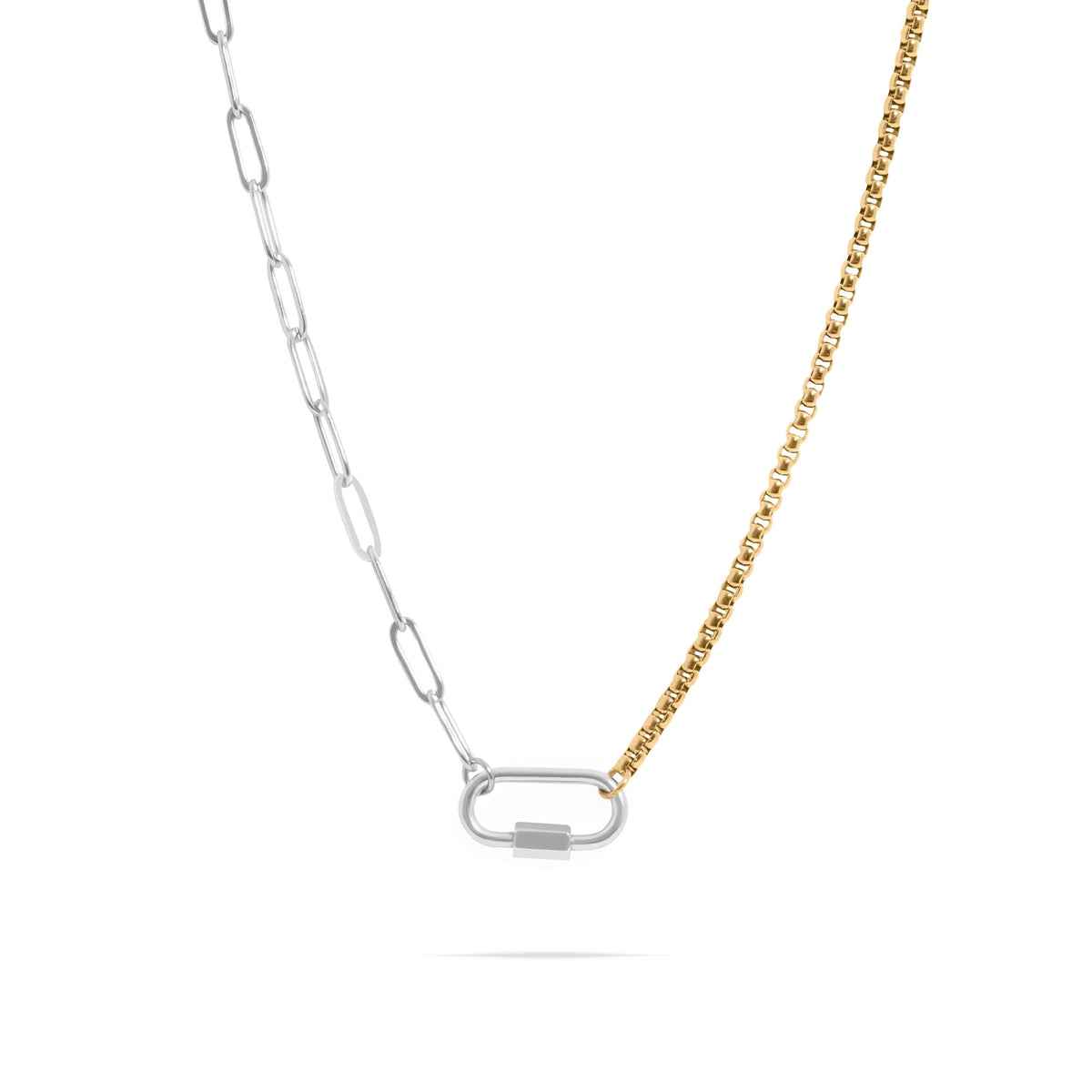 ORRÉ gold and silver mixed metal chain necklace with center carabiner charm holder